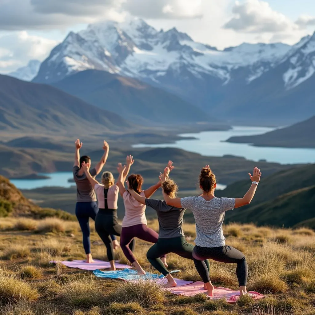 Clase de yoga en paisaje patagónico